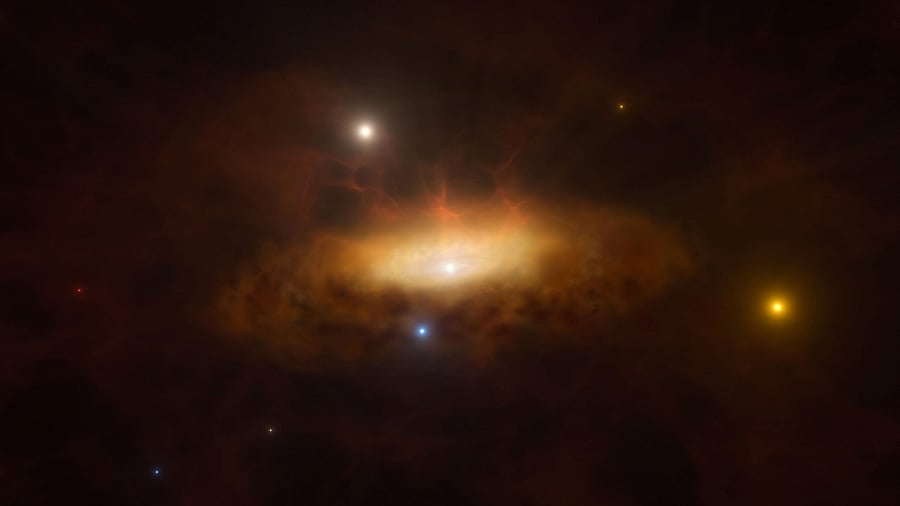 <div class="paragraphs"><p>An undated artist's impression shows the growing disc of material being pulled in by the black hole as it feeds on the gas available in its surroundings, making the galaxy SDSS1335+0728 light up. In late 2019, the galaxy SDSS1335+0728 suddenly started shining brighter than ever before and was classified as having an active galactic nucleus, powered by a massive black hole in the galaxy's core. This is the first time the awakening of a massive black hole has been observed in real-time. E</p></div>