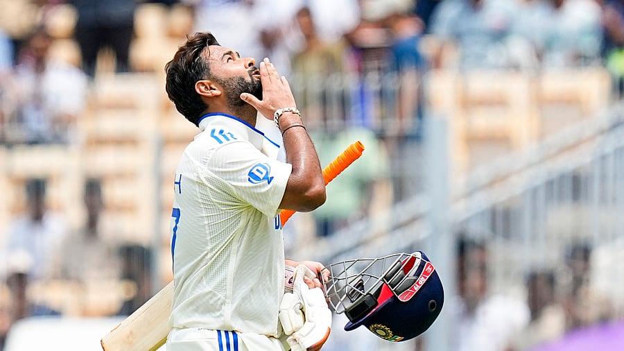 <div class="paragraphs"><p>India’s Rishabh Pant celebrates after scoring a century on the third day of the first Test against Bangladesh in Chennai on Saturday.</p></div>