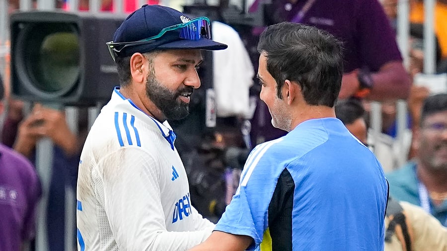 <div class="paragraphs"><p>Indian Coach Gautam Gambhir and captain Rohit Sharma after winning the first test cricket match against Bangladesh, at MA Chidambaram Stadium in Chennai, Sunday.</p></div>