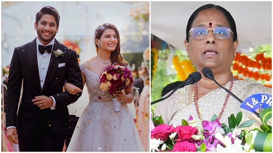 <div class="paragraphs"><p>File photo of Tollywod actors, Akkineni Naga Chaitanya and Samantha Ruth Prabhu; Telangana Forest and Environment Minister Konda Surekha</p></div>