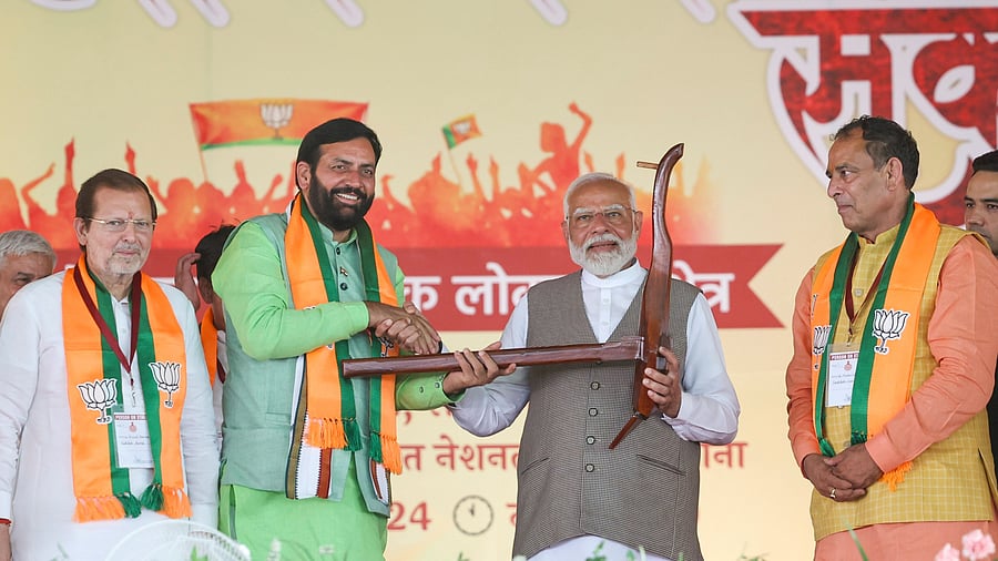 <div class="paragraphs"><p> File Photo: Prime Minister Narendra Modi being felicitated by Haryana Chief Minister Nayab Saini, BJP candidate from Sonipat constituency Mohan Lal Badoli, party candidate from Rohtak constituency Arvind Sharma and others during a public meeting in Sonipat district, </p></div>