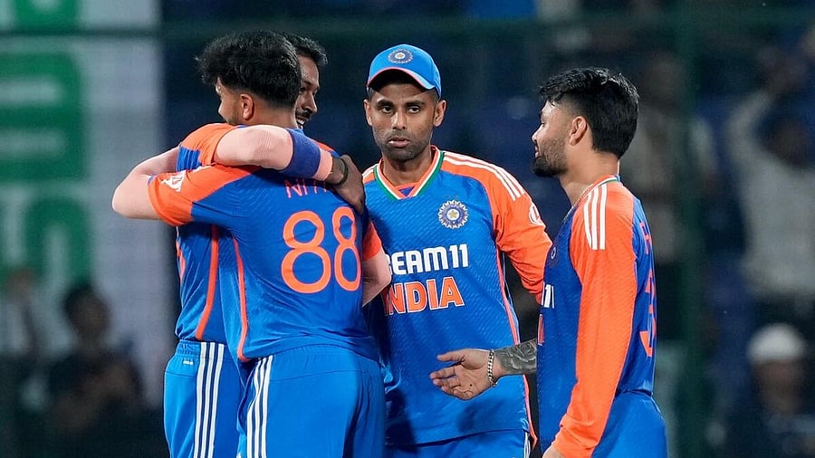 <div class="paragraphs"><p>Indian players celebrate after winning the second T20 International cricket match between India and Bangladesh at the Arun Jaitley Stadium, in New Delhi.</p></div>