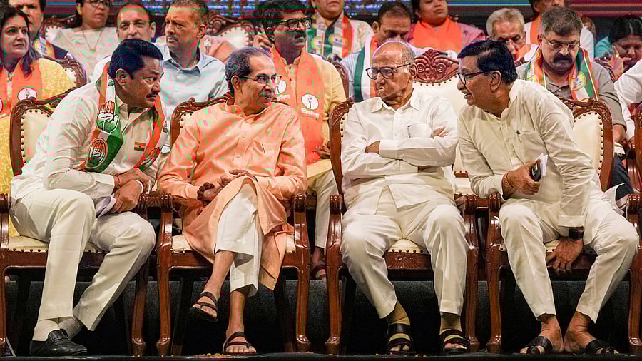 <div class="paragraphs"><p>Maharashtra Congress chief Nana Patole, Shiv Sena (UBT) chief Uddhav Thackeray, NCP (SP) chief Sharad Pawar and Congress leader Balasaheb Thorat during the gathering of Maha Vikas Aghadi (MVA) workers and office-bearers ahead of state Assembly elections, in Mumbai.</p></div>