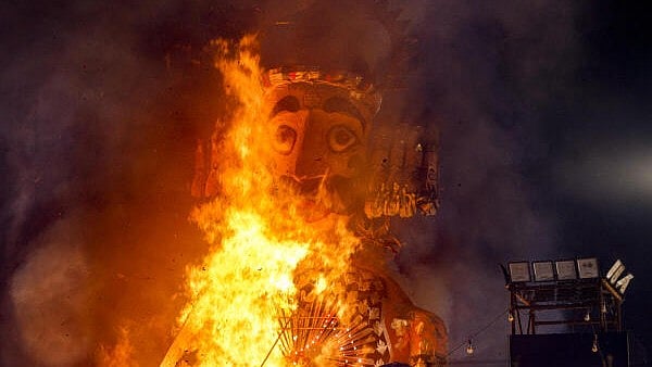 <div class="paragraphs"><p>An effigy of demon king 'Ravana' burns during the ‘Dussehra’ (Vijayadashami) festival. </p><p>Image for representation.</p></div>