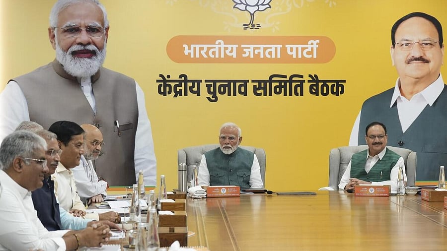 <div class="paragraphs"><p>i: Prime Minister Narendra Modi, Union Home Minister Amit Shah, Union Minister and BJP National President JP Nadda and others during the party’s Central Election Committee (CEC) meeting on the upcoming Maharashtra Assembly elections, at the party headquarters, in New Delhi.</p></div>