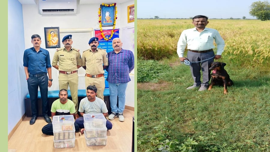 <div class="paragraphs"><p>Police officials along with the two arrested in connection to a theft of over Rs 1 crore from a farmer's house in Ahmedabad (Left); Penny, a police sniffer dog, who helped crack the case along with her handler (Right).</p></div>