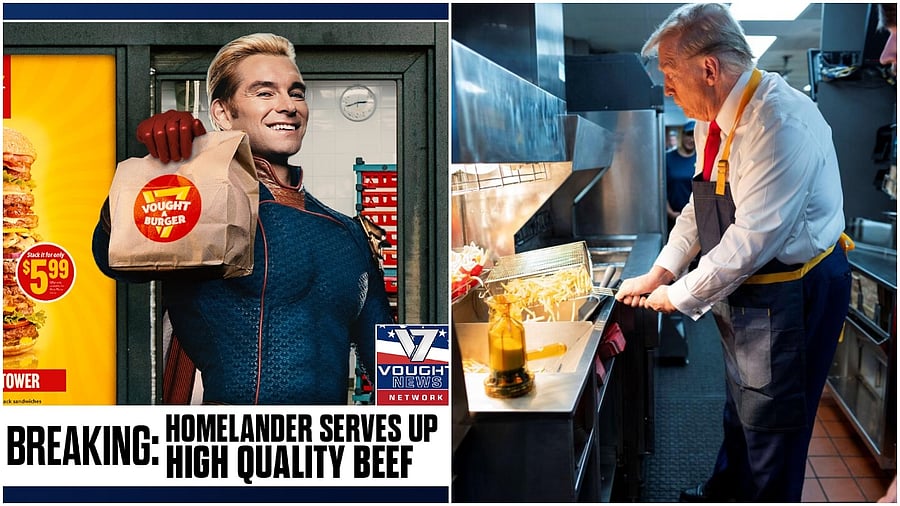 <div class="paragraphs"><p>The post shared by The Boys' 'Vought International' X handle(L) and Donald Trump&nbsp;behind the counter during a visit to McDonalds.</p><p></p></div>