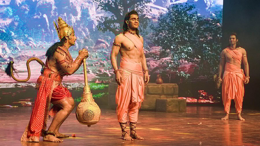 <div class="paragraphs"><p> Actors perform Ramayana on stage at an auditorium in  New Delhi. </p></div>