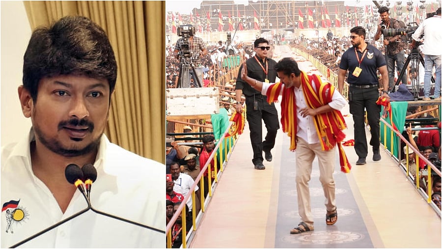 <div class="paragraphs"><p>Udhayanidhi Stalin(L) and Actor and founder of Tamilaga Vetri Kazhagam Vijay during his pary's first political conference, at Vikravandi in Villupuram. </p></div>