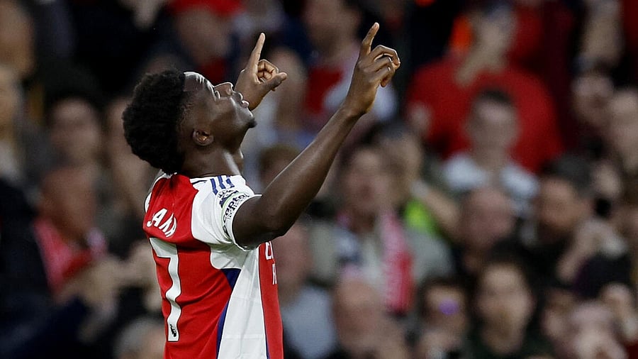 <div class="paragraphs"><p>Bukayo Saka celebrates after scoring Arsenal's opening goal. </p></div>