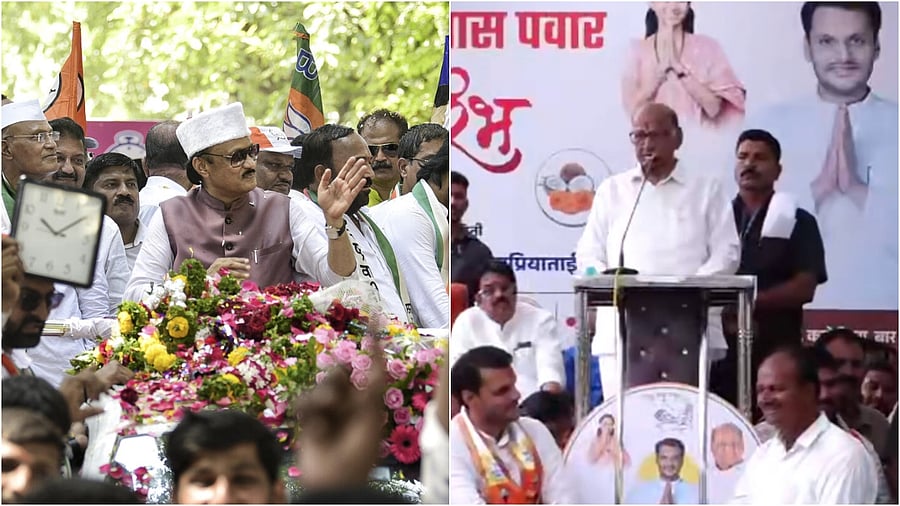 <div class="paragraphs"><p>NCP candidate from Baramati constituency Ajit Pawar during his nomination rally(L), Sharad Pawar in Baramati. </p></div>