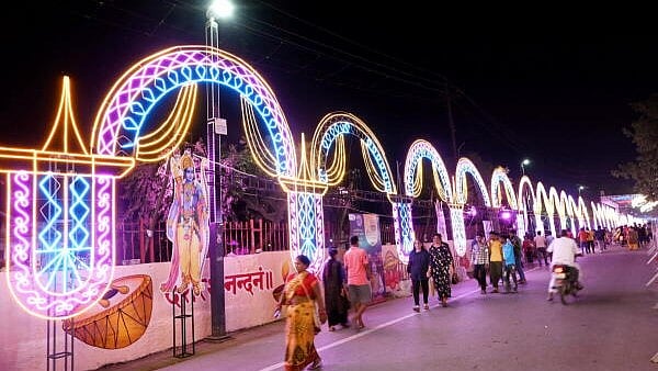 <div class="paragraphs"><p>An illuminated street at 'Naya Ghat' ahead of the Diwali festival, in Ayodhya, UP, Monday.&nbsp;</p></div>