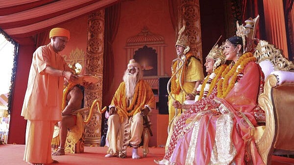 <div class="paragraphs"><p>Uttar Pradesh Chief Minister Yogi Adityanath applies ‘tilak’ to the artists dressed as Lord Rama, Lord Lakshmana and Goddess Sita and others during ‘Deepotsav 2024’ on the eve of the 'Diwali' festival, in Ayodhya.</p></div>