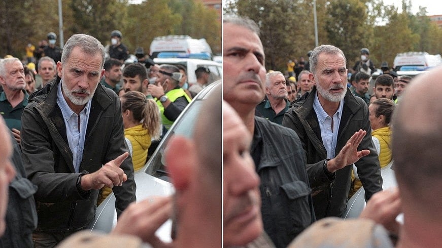 <div class="paragraphs"><p>A combination picture shows Spain's King Felipe as he gestures with mud on his clothes and face, thrown at him by citizens.</p></div>