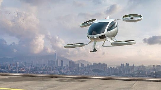 A conceptual illustration of a heli-taxi.