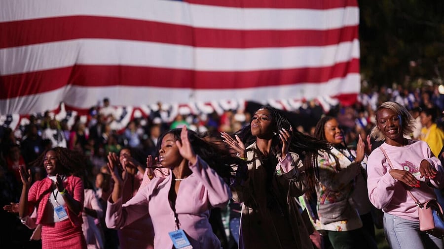 <div class="paragraphs"><p>Women dance ahead of Democratic presidential nominee US Vice President Kamala Harris's election night rally during the 2024 US presidential election, at Howard University, in Washington.</p></div>