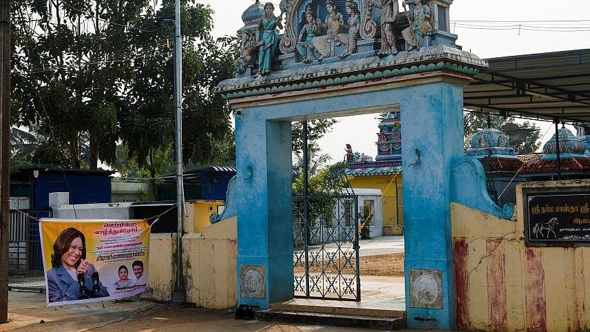 <div class="paragraphs"><p>A poster of Democratic presidential nominee US Vice President Kamala Harris hangs outside a deserted Sri Dharmasastha temple in TN's Thulasendrapuram, the village where Democratic presidential nominee Kamala Harris' maternal grandfather was born. </p></div>