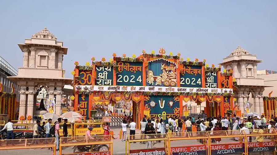 <div class="paragraphs"><p>File photo of decorations at a gate of the Ram temple ahead of Deepotsav celebrations, in Ayodhya  </p></div>