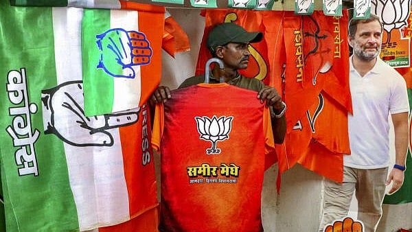 <div class="paragraphs"><p>A vendor shows a t-shirt printed with BJP's election symbol at a shop, ahead of Maharashtra Assembly elections, in Nagpur.</p></div>