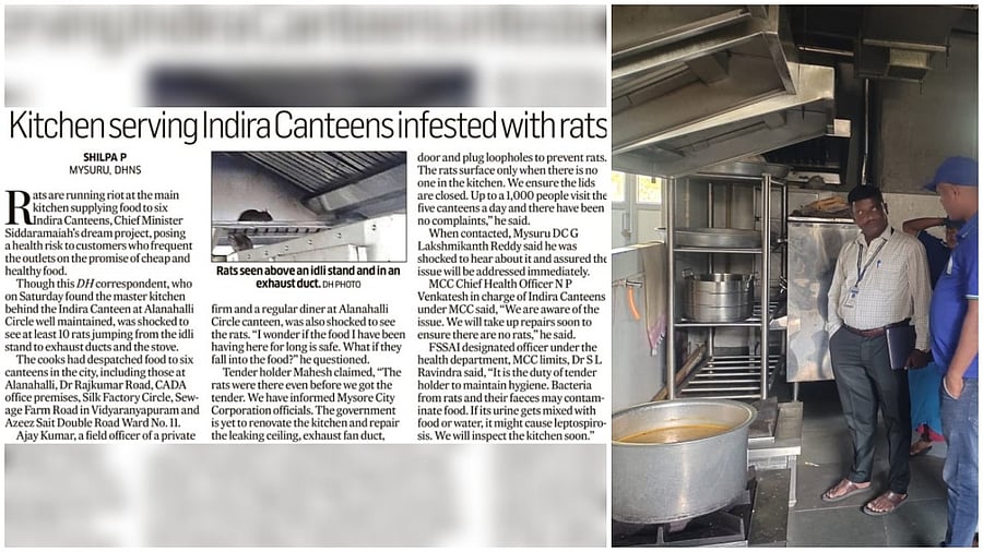 <div class="paragraphs"><p>(From L to R) DH report on rats infested kitchen serving Indira canteens published on November 10; Food Safety Officers inspect the Master Kitchen of Indira Canteens in Malavalli of Mandya district.</p></div>