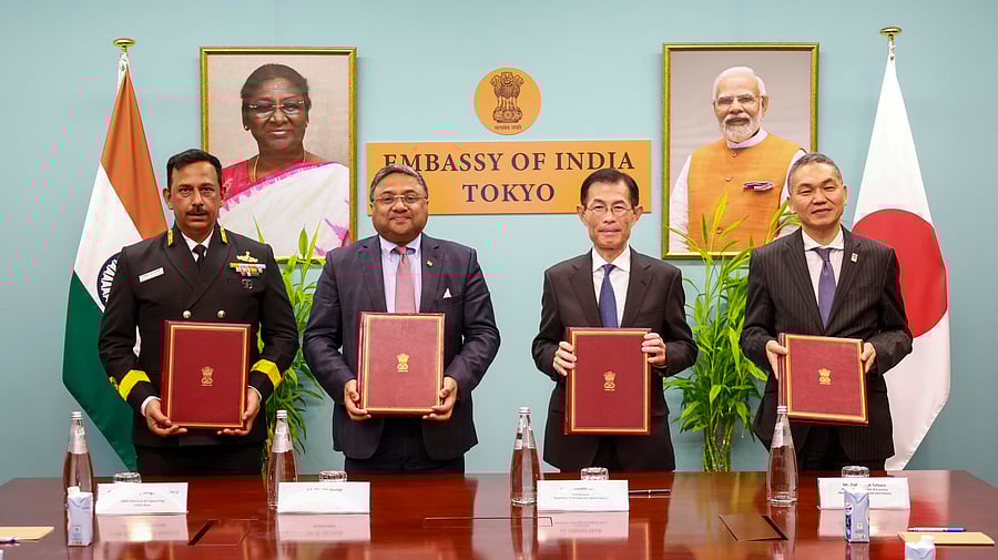 <div class="paragraphs"><p>Ambassador of India to Japan Sibi George, 2nd from left, and other dignitaries during the signing of a Memorandum of Implementation between Govt of India and Govt of Japan for co-development of UNICORN mast for fitment onboard ships of Indian Navy, at the Embassy of India, in Tokyo, Japan, Friday, Nov. 15, 2024.</p></div>