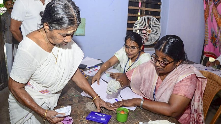 <div class="paragraphs"><p>A voter gets her finger marked with indelible ink before casting vote during Kerala's Palakkad Assembly constituency bypoll, in Palakkad.&nbsp;</p></div>