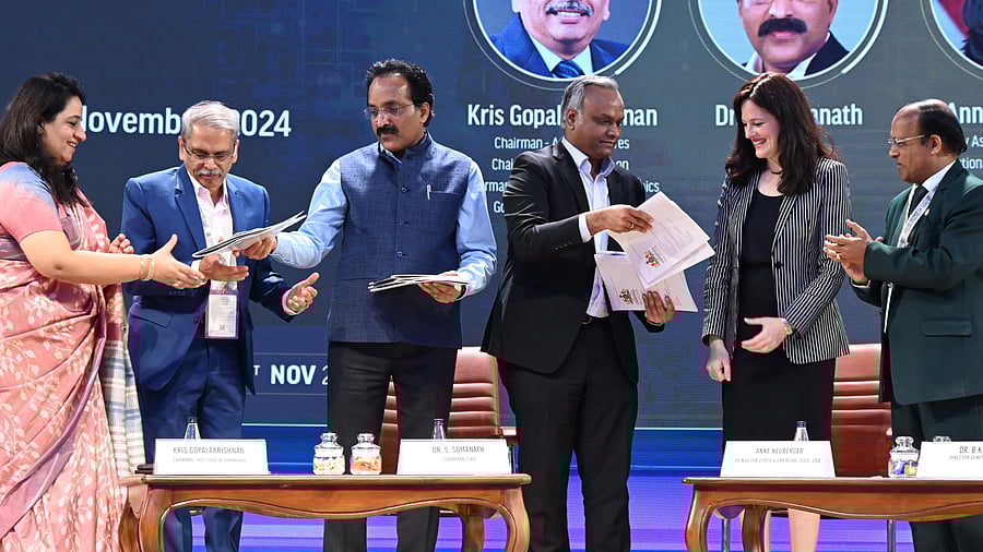 <div class="paragraphs"><p>IT & BT Minister Priyank Kharge release of Karnataka Space Policy during the 2nd day of 27th Edition of the Bangalore Tech Summit 2024 at Palace in Bengaluru on Wednesday. (From left) IT & BT Secretary Ekroop Caur, Chairman of Axilor Ventures Kris Gopalakrishnan, ISRO Chairman Dr S Somanath, Deputy Assistant to the President & Deputy National Security Advisor for Cyber & Emerging Technologies USA Anne Neuberger and Director General Electronics & Communication system DRDO, Dr B K Das are also seen. </p></div>