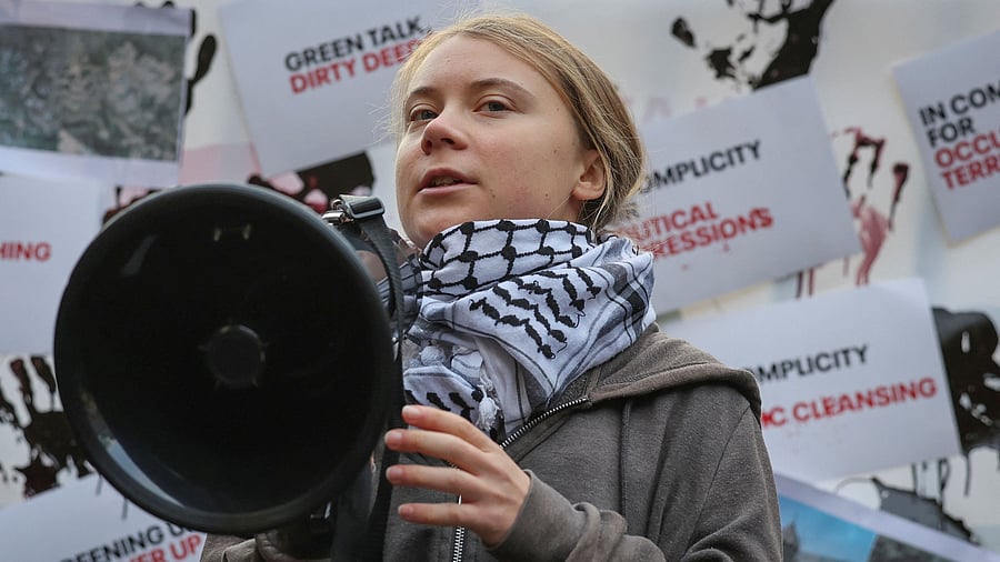 <div class="paragraphs"><p>Swedish environmental activist Greta Thunberg takes part in a protest in front of the United Nations office building in Yerevan, Armenia, November 15, 2024. </p></div>
