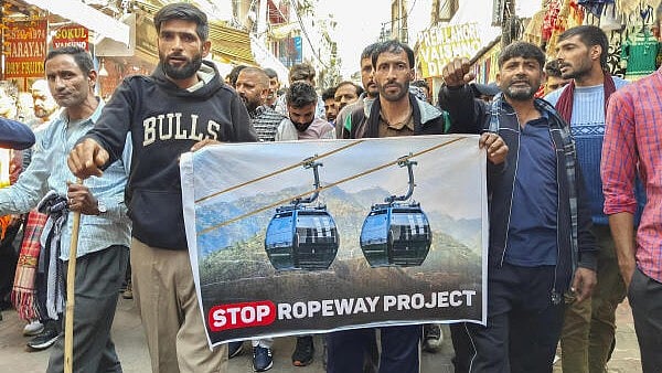 <div class="paragraphs"><p>People take part in a protest march during the fourth day of a strike against a proposed ropeway project along the trek route to the Vaishno Devi shrine, at Katra in Reasi district, Jammu &amp; Kashmir.</p></div>