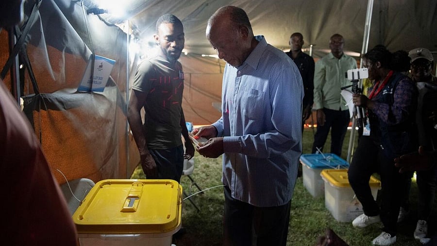 <div class="paragraphs"><p>Namibian President Nangolo Mbumba casts his vote in the elections in Windhoek, Namibia, November 27, 2024.</p></div>