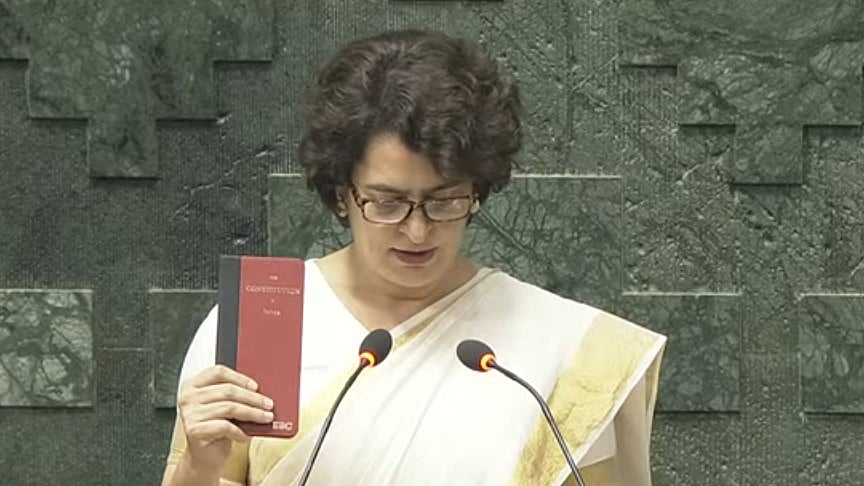 <div class="paragraphs"><p>Screengrab showing Congress leader Priyanka Gandhi taking oath as the Wayanad MP, November 28, 2024.</p></div>