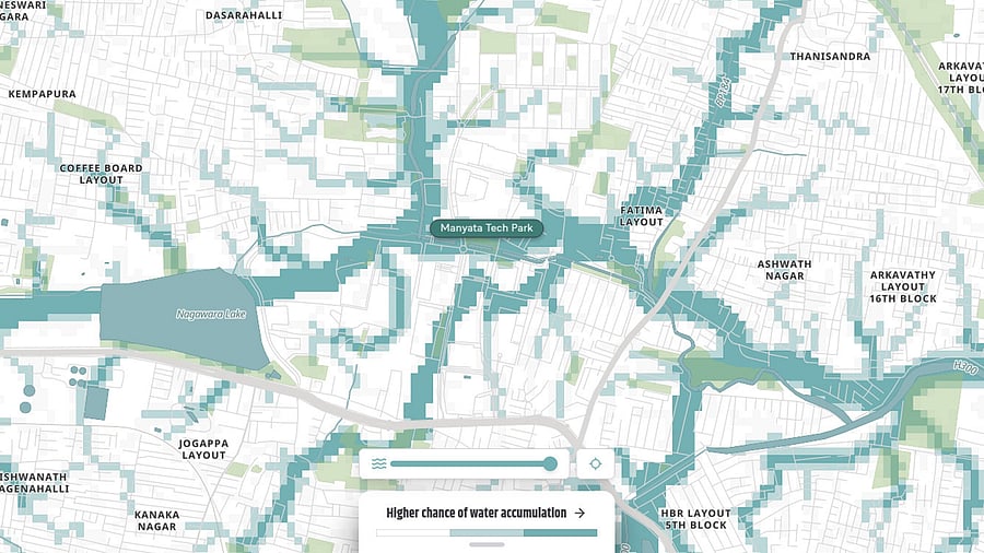 The darker shades depict areas that experience maximum flooding such as Manyata Tech Park, Ejipura, and Koramangala.