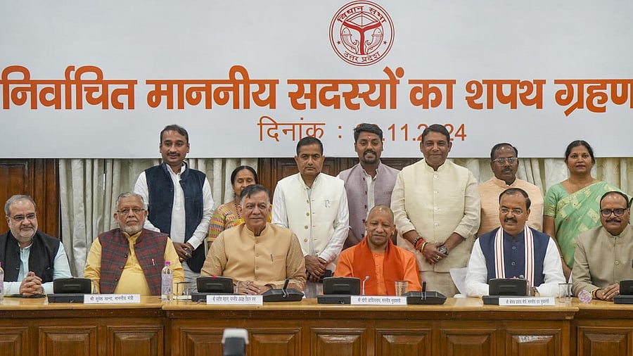 <div class="paragraphs"><p>Uttar Pradesh Legislative Assembly Speaker Satish Mahana, Chief Minister Yogi Adityanath, Deputy Chief Ministers Keshav Prasad Maurya and Brajesh Pathak and others during the oath taking ceremony of newly-elected MLAs in the recent by-elections, in Lucknow, Friday, Nov. 29, 2024.</p></div>