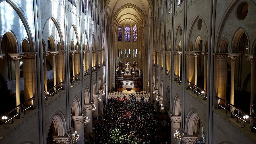 <div class="paragraphs"><p>French President Emmanuel Macron delivers a speech during a visit to the Notre-Dame de Paris Cathedral, which was ravaged by a fire in 2019, as restoration works continue before its reopening, in Paris, France, November 29, 2024.</p></div>