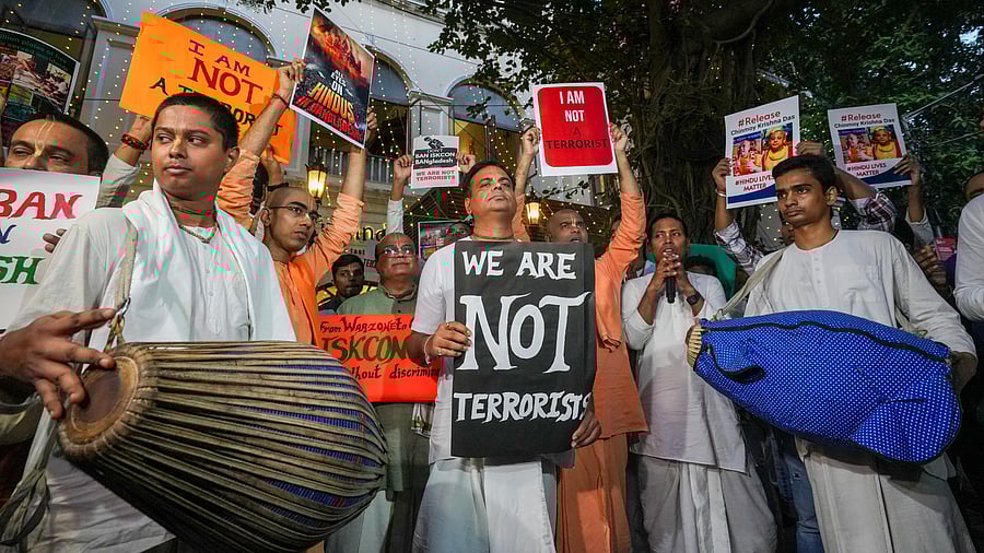 <div class="paragraphs"><p>ISKCON monks take part in a protest 'kirtan' over the arrest of Hindu monk Chinmoy Krishna Das Prabhu by Bangladesh police, in Kolkata, West Bengal.</p></div>