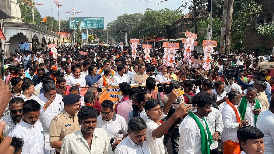 <div class="paragraphs"><p>Bijapur City MLA Basanagouda Patil Yatnal, Gokak legislator Ramesh Jarkiholi, leaders Prathap Simha and Kumar Bangarappa take part in a march taken out before “Janajagruti convention” in Belagavi on Sunday. </p></div>