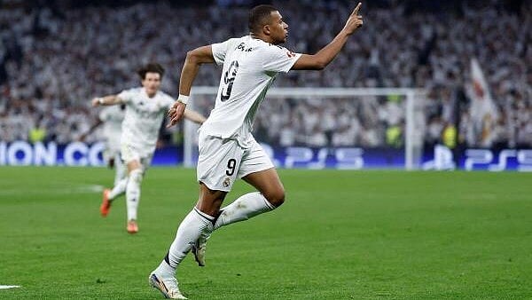 <div class="paragraphs"><p> Real Madrid's Kylian Mbappe celebrates scoring their second goal.</p></div>