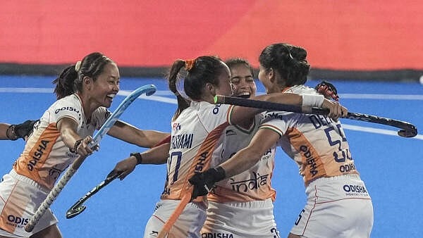 <div class="paragraphs"><p>India's Deepika (jersey number 55) celebrates with teammates after scoring a goal during the Women's Asian Champions Trophy 2024 final hockey match between India and China, at Rajgir, in Nalanda district, Bihar, Wednesday, Nov. 20, 2024.</p></div>