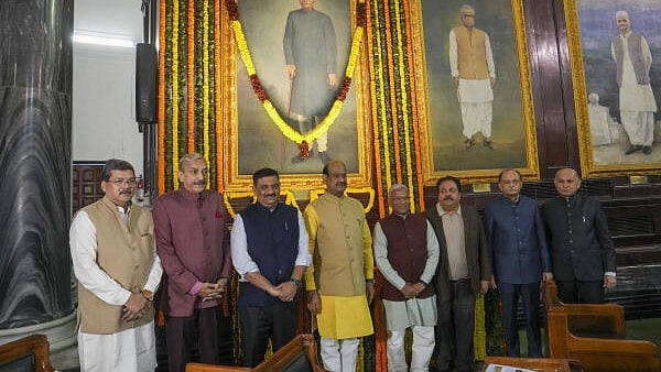<div class="paragraphs"><p>Lok Sabha Speaker Om Birla and Rajya Sabha Deputy Chairman Harivansh Narayan Singh after paying tribute to first president Rajendra Prasad on his birth anniversary at the Central Hall of Samvidhan Sadan, in New Delhi, Tuesday.&nbsp;</p></div>