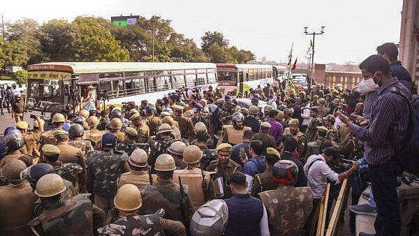 <div class="paragraphs"><p>Police detain farmers agitating at Dalit Prerna Sthal, in Noida. </p></div>