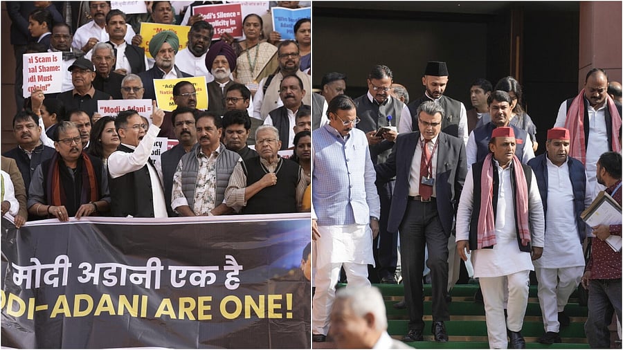 <div class="paragraphs"><p>Congress MP Gaurav Gogoi, RJD MP Manoj Jha, Shiv Sena (UBT) MP Priyanka Chaturvedi and other opposition MPs stage a protest over Adani issue(L), Samajwadi Party chief Akhilesh.</p></div>