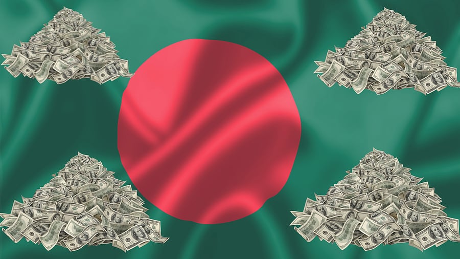 <div class="paragraphs"><p>Representative image where stacks of dollar bills can be seen against the backdrop of the Bangladesh flag</p></div>
