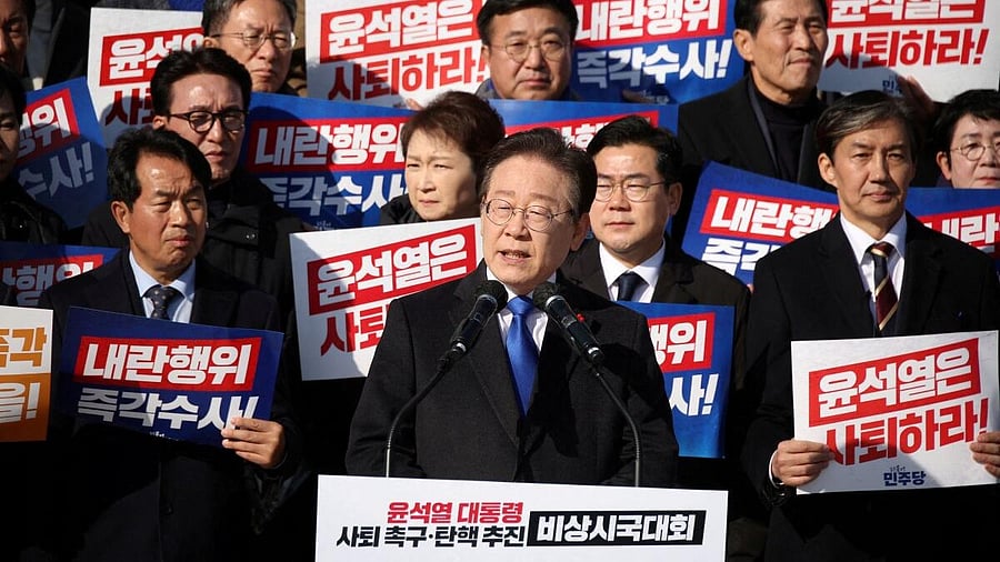 <div class="paragraphs"><p>Lee Jae-myung, addresses a rally to condemn South Korean President's surprise declarations of the martial law. </p></div>