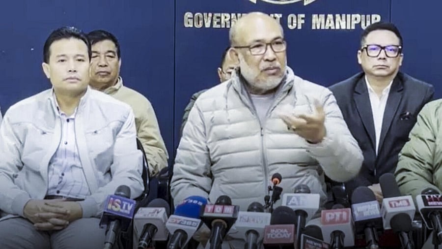 <div class="paragraphs"><p>N Biren Singh addresses a press conference.&nbsp;</p></div>