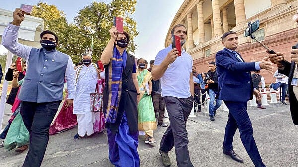 <div class="paragraphs"><p>Leader of Opposition in the Lok Sabha Rahul Gandhi and Congress MP Priyanka Gandhi take part in a protest march of opposition MPs over Adani issue during the Winter session of Parliament.</p></div>