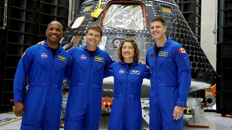 <div class="paragraphs"><p>Astronauts for NASA's Artemis II mission, take part in a press conference to discuss progress for their mission around the Moon and back to Earth, at the Kennedy Space Center in Cape Canaveral.</p></div>