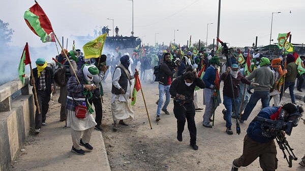 <div class="paragraphs"><p>Tear gas being used to disperse protesting farmers at Shambhu Border during their foot march towards Delhi, in Patiala district, Sunday. </p></div>