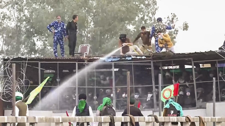 <div class="paragraphs"><p> Police use water cannon to disperse farmers agitating at Shambhu border, in Patiala district.</p></div>