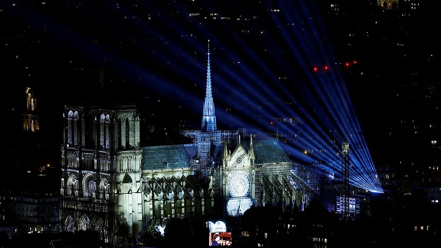 <div class="paragraphs"><p>General view of the Notre-Dame de Paris Cathedral, five-and-a-half years after a fire ravaged the Gothic masterpiece, during a light show as part of ceremonies to mark its reopening after restoration, in Paris, France.</p></div>