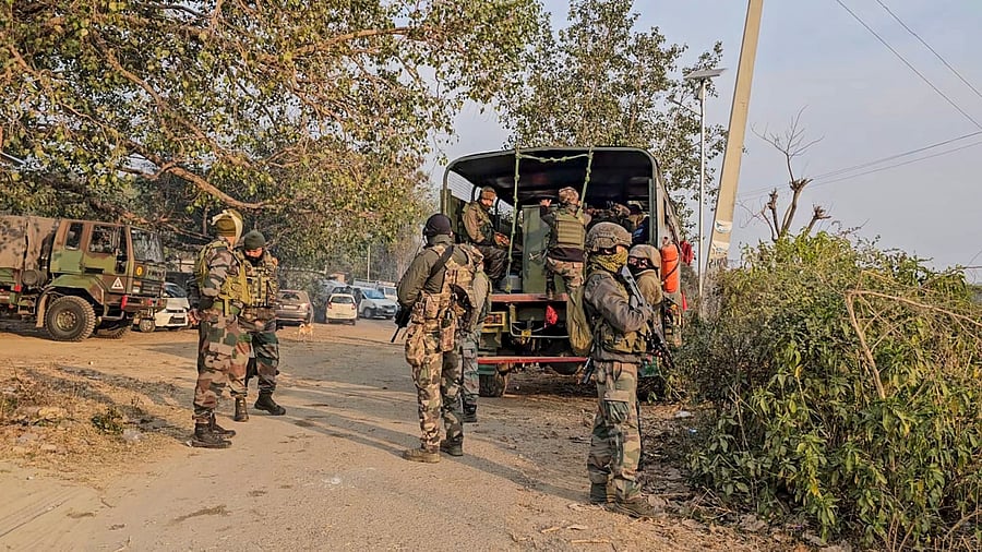 <div class="paragraphs"><p>Security personnel during a search operation after suspicious movement, in Kathua district, Jammu and Kashmir. For representational purposes.</p></div>